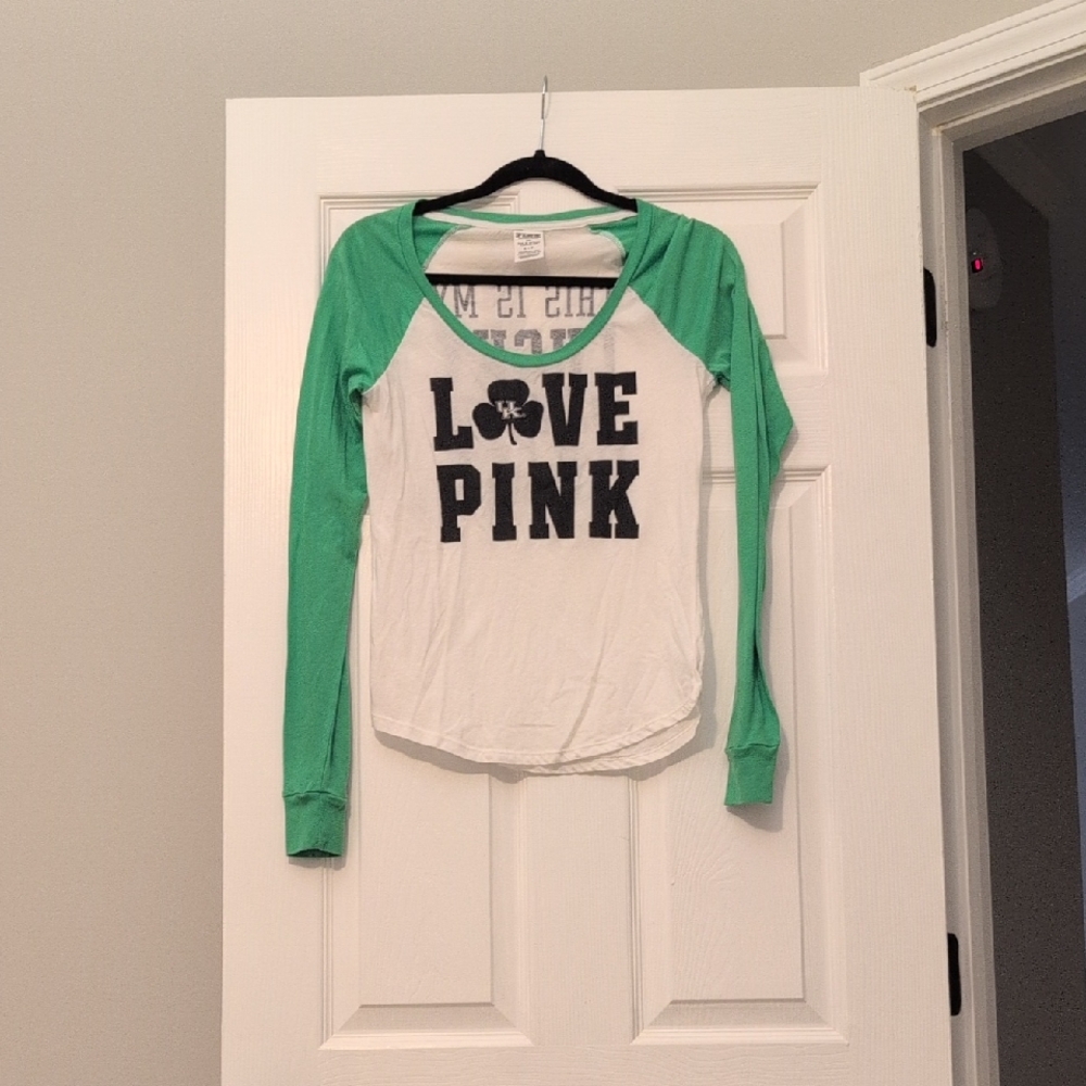 PINK Victoria's Secret White Tee with Green Raglan Sleeves